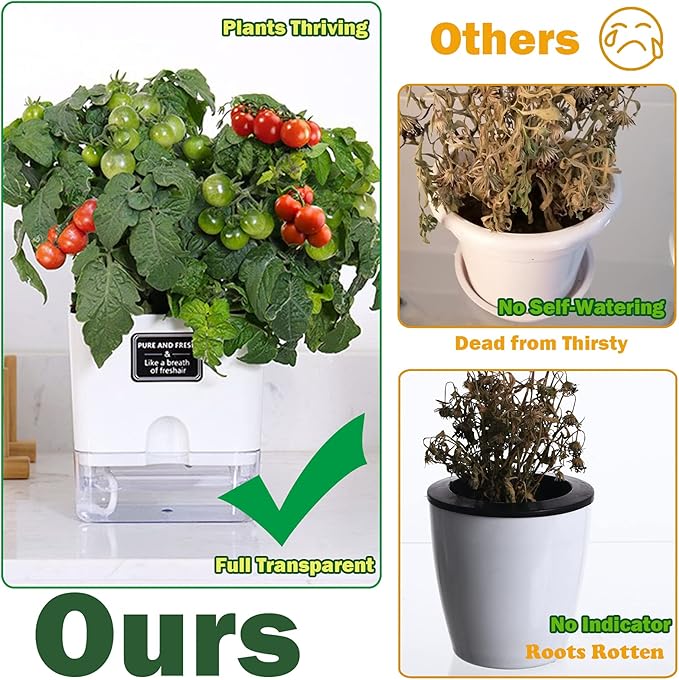 Planterhoma Self Watering Plant Pots for Indoor Plants 7/10 inch, 4 Packs Square Self-Watering Planters with Drainage Hole, White African Violet Pots for Devil's Ivy, Spider Plant, Orchid
