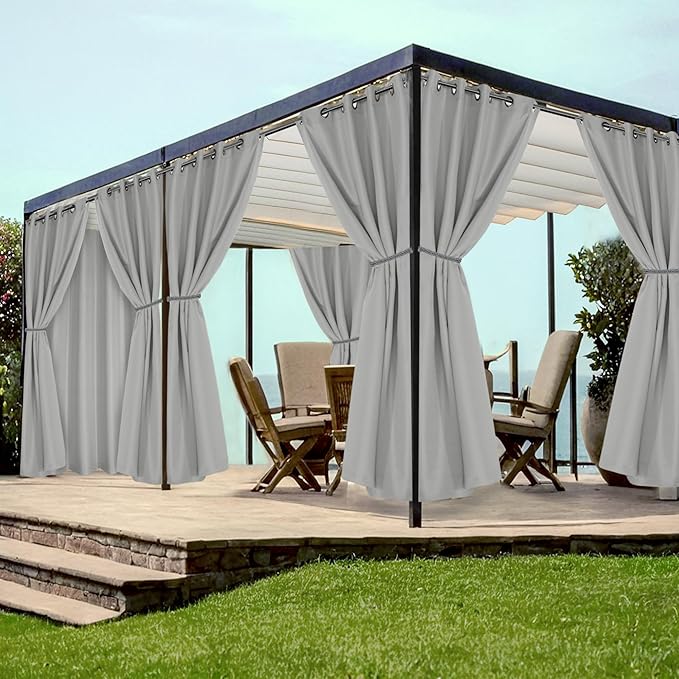 HolidayIdeas Grommet Outdoor Curtains for Patio Waterproof 8 Pcs All Weather Balcony Outside Curtains for Apartments, Gazebo, Pergolas, Porch, 54x84 Inch, Silver Grey