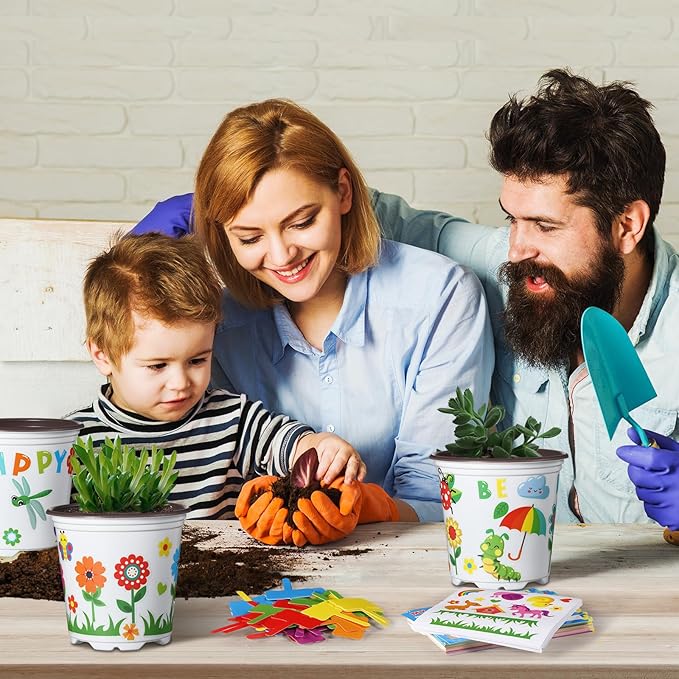 Capoda 48 Sets Garden Flower Pots Crafts Kit DIY Spring Plastic Seedling Nursery Pots with Stickers Plant Labels Growth Charts Planting Growing Tools Classroom Activities Project Gifts (Round)