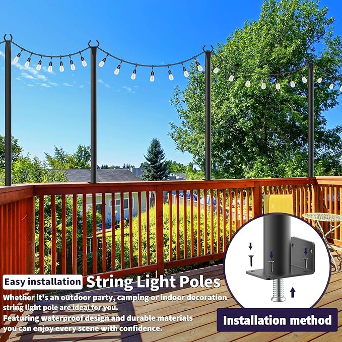 4 Pack String Light Poles,5 Ft Light Poles for Outside String Lights,Outdoor Lights Pole with Fork,Metal Poles Stand for Patio Deck Backyard