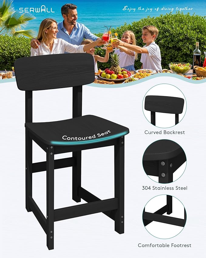 SERWALL 3-Piece Outdoor Counter Height Bar Set, HDPE Patio Bar Table with Wine Rack & Storage Shelf, 2 All-Weather Bar Stools, Patio Bar Dining Furniture Set for 3, Black