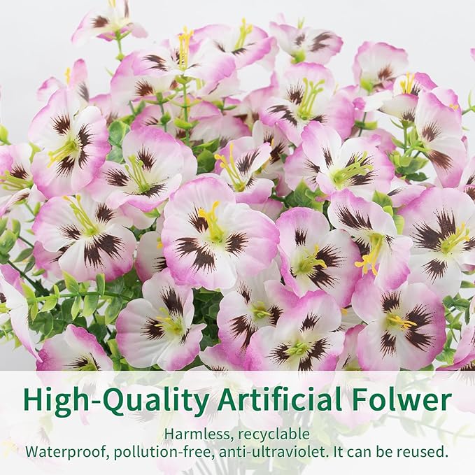 12 Bundles Artificial Pansy Flowers for Outdoor, Faux Silk Pansies Spring Flowers for Outside for Planter Front Door Porch Patio Yard Window Box Home Decor (Pink)