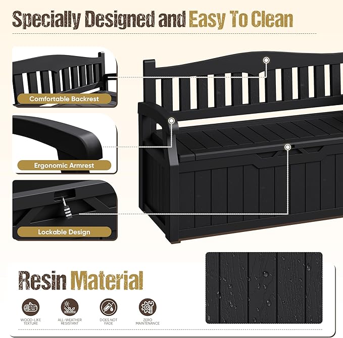 80-Gallon Outdoor Storage Bench, Waterproof Deck Box with Lockable Lid & Armrests for Patio, Garden, Pool, Black