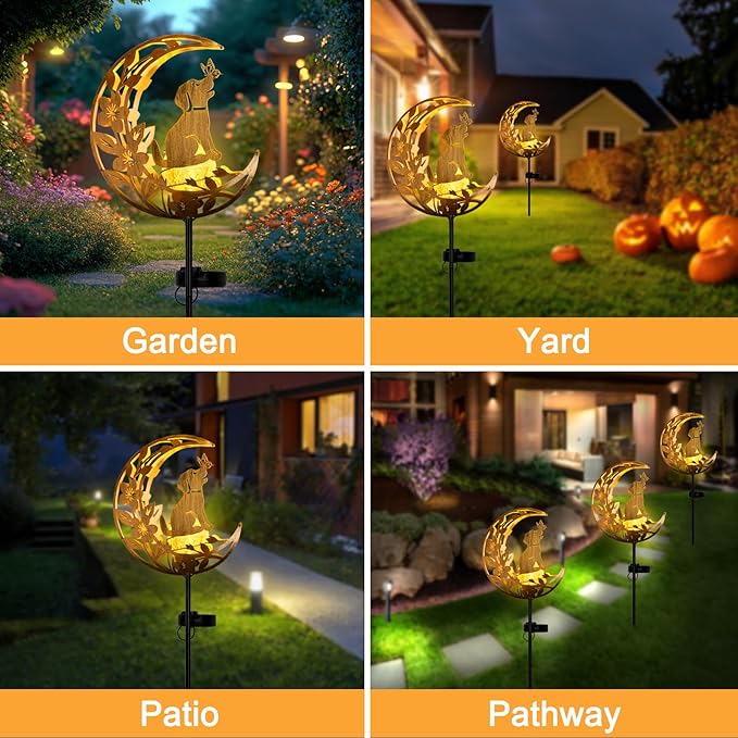 Lights Outdoor Decor Dog - Moon & Bird SolaGardenLights Waterproof, Auto On/Off Pathway Lighting for Yard/Lawn/Patio, Handcrafted Metal Solar-Stake-Lights for Outside Decorations