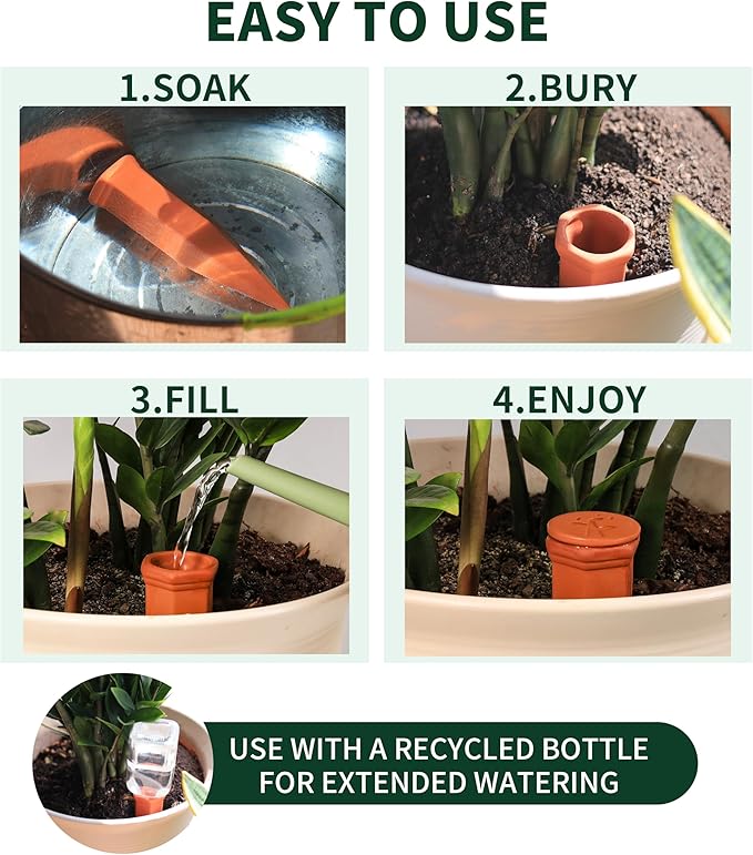 Large Terracotta Watering Spikes with Lids, Automatic Plant Waterer Outdoor | Indoor, Vacation Friendly Clay Plant Watering Devices System, Slow Release Self Watering Planter Insert, 8 Pack