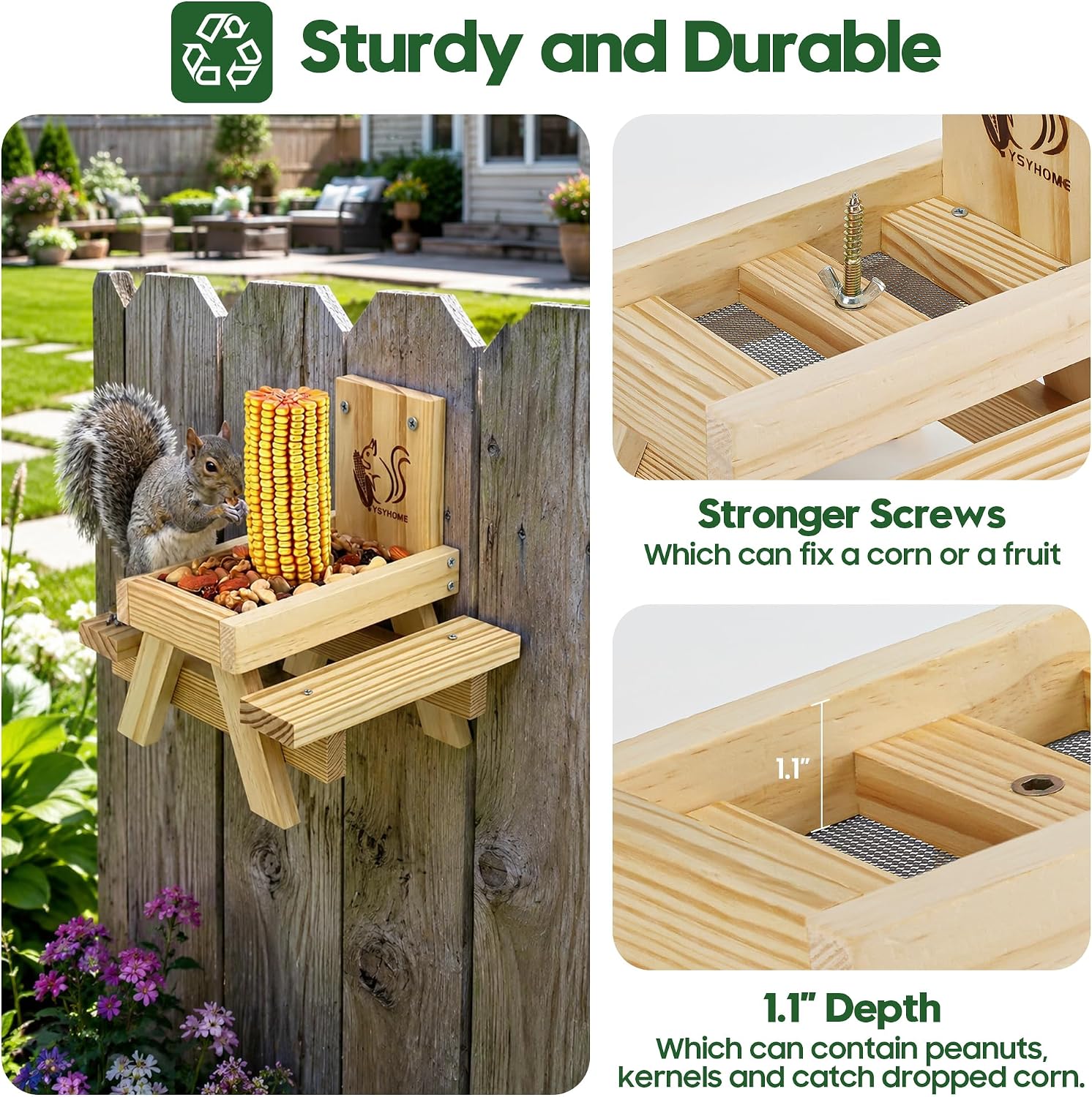 Squirrel Feeder for Outside and Garden, Funny Squirrel Picnic Table Feeder with Corn Cobs Holder and Peanut Tray, Quick Assembly Required