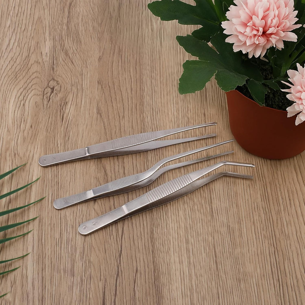 3pcs Plant Tweezers, Long Straight Stainless Steel Garden Bend Tongs Set Multi Purpose Tools for Gardening Bonsai and Reptile Feeding & Kitchen Use