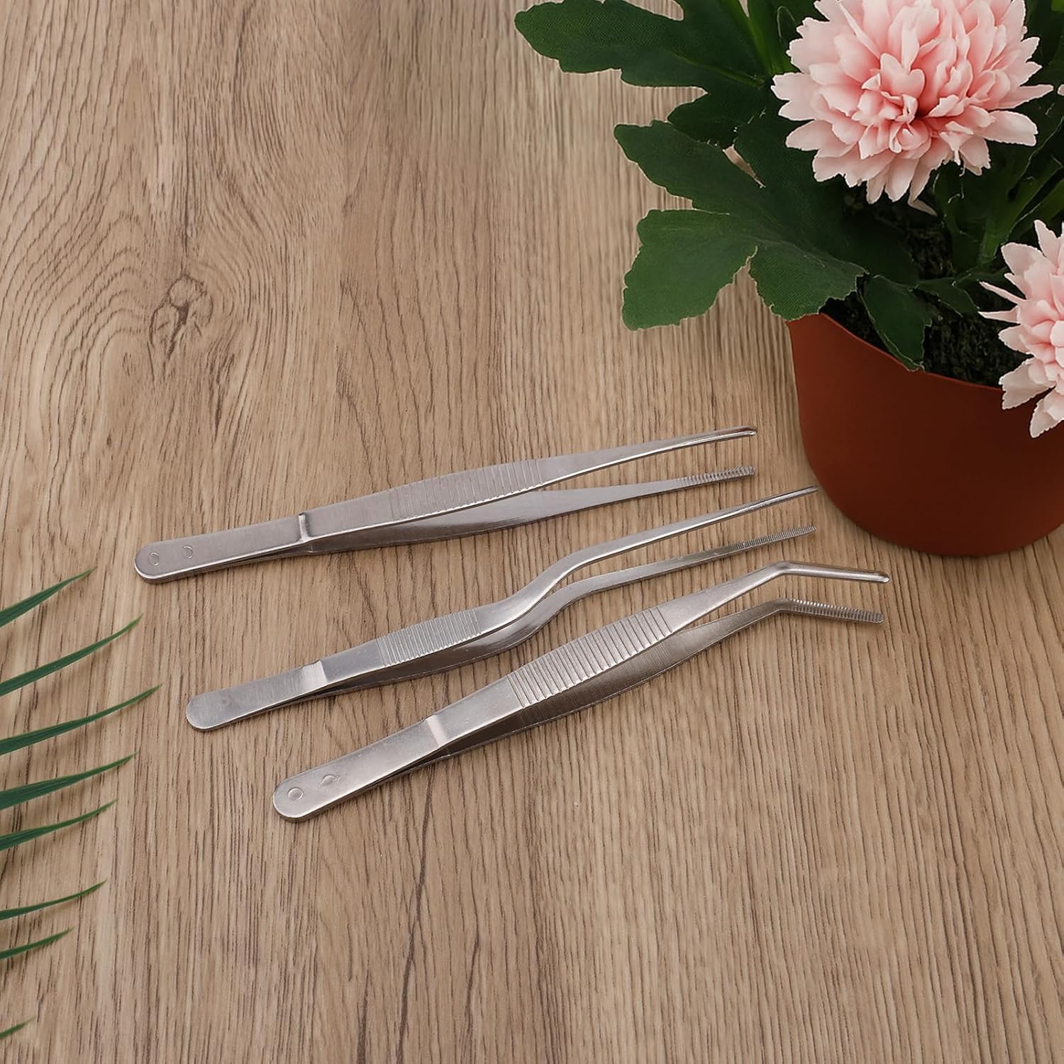 3pcs Plant Tweezers, Long Straight Stainless Steel Garden Bend Tongs Set Multi Purpose Tools for Gardening Bonsai and Reptile Feeding & Kitchen Use