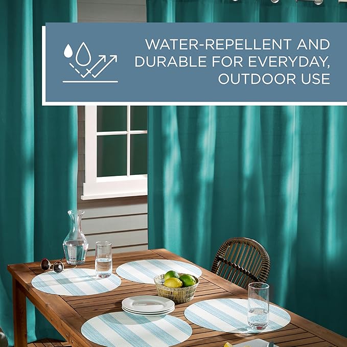 TOWN & COUNTRY BASICS Cabana Solid Heavyweight Indoor Outdoor Curtains, Light Filtering Opacity with Grommet Top, Water Repellent, 2-Pack Set, 54"x120", Dark Teal