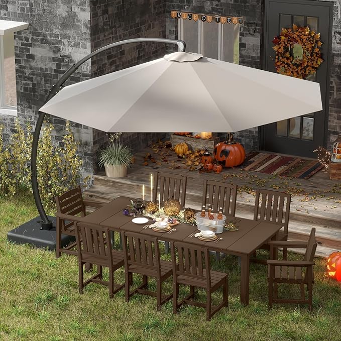 Brown 9-Piece Outdoor Dining Set with Beige 11FT Cantilever Umbrella, 75.2'' HDPE Table & Chairs for 8, Weather-Resistant Furniture with Umbrella Hole for Patio, Lawn, Poolside