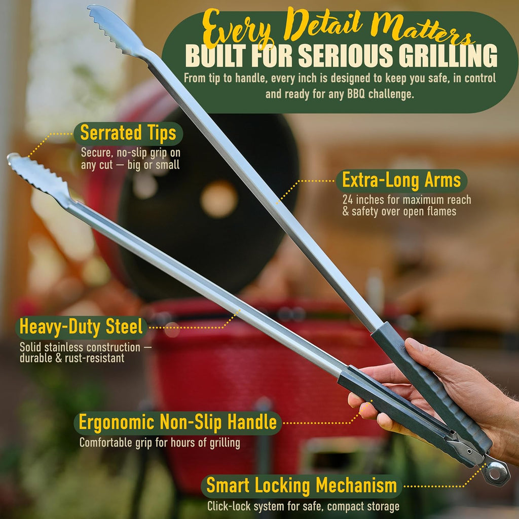 24 inch BBQ Tongs - 1 Year Warranty, 100% Stainless Steel Long Metal Grill Tongs for Outdoor Grill, Non Slip Handle, Locking Mechanism, Heat resistant, Pinzas de Cocina for steak, hot dog and more