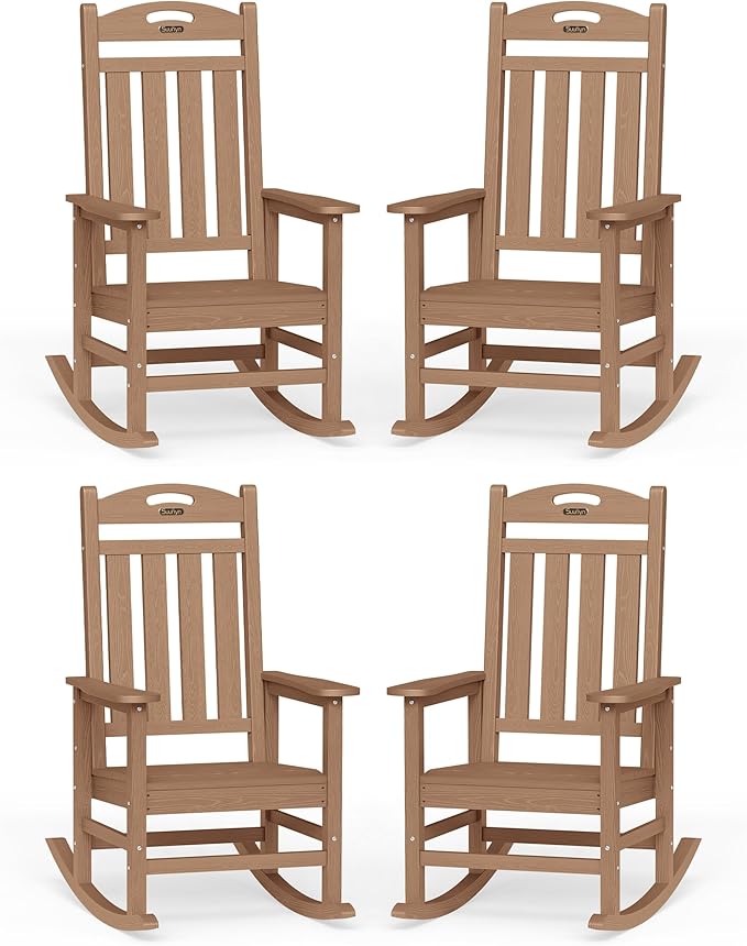Oversized Outdoor Rocking Chairs Set of 4, High Back Porch Rocker Chair, HDPE All Weather Resistant Rocking Chairs for Patio,380lbs Weight Capacity, Teak