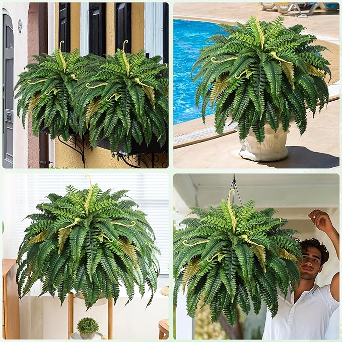 MARTINE MALL 48 inch Fake Ferns Artificial Ferns for Outdoors Look Real, 88 Branches Large Faux Boston Fern for Outdoor Planter Realistic UV Resistant Hanging Artificial Fake Plants for Porch Patio