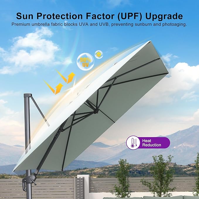 PURPLE LEAF 9' X 11.5' Rectangle Cantilever Umbrella with Base Outdoor Large Aluminum Patio Umbrella with 3-Year Fade Resistance Recycled Fabric and 360-degree Rotation for Deck Pool Garden, Mint Green
