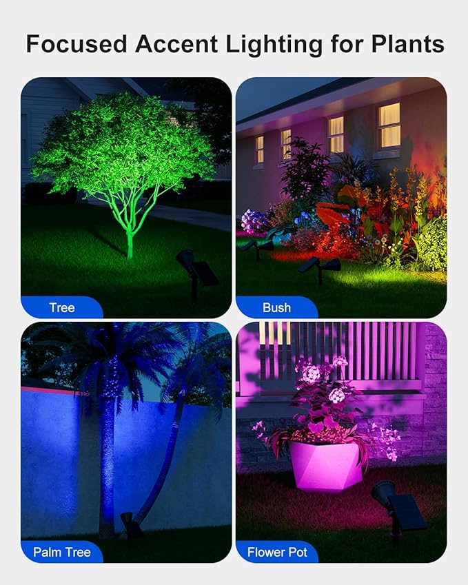 Color Changing Solar Spotlights Outdoor for Tree, Flower, Plant, Statue, Decorations, Wall, Waterproof Rainbow Lanscape Spot Lights for House Outside, Yard, Garden, Patio, 8 Coloful Uplighting Modes