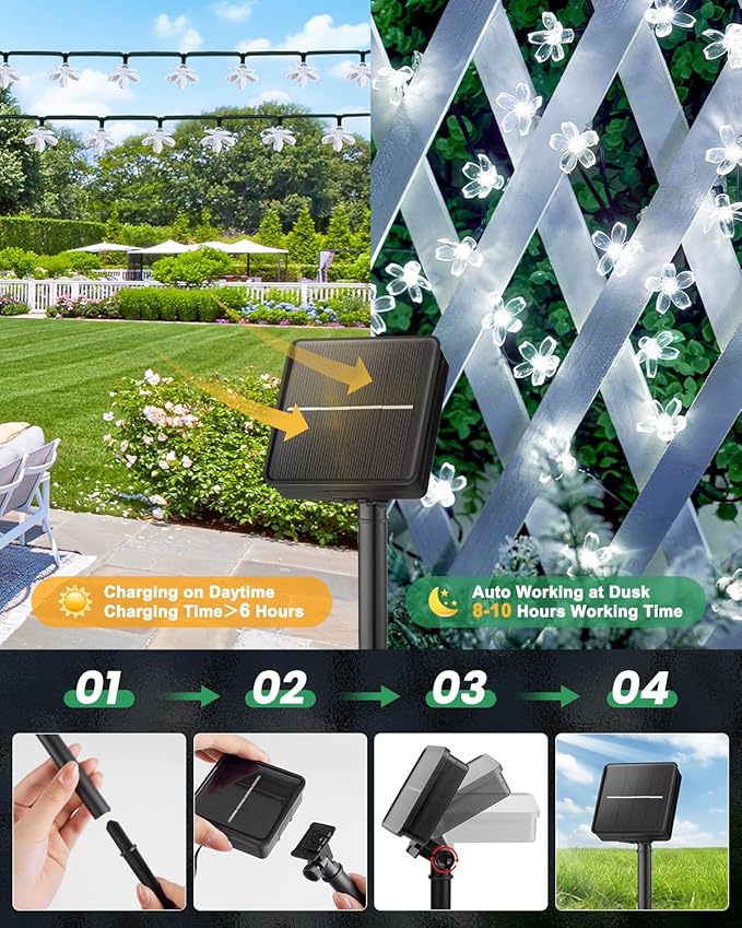 Brightown 2 Pack Total 52FT 120 LED Solar String Lights Flower Outdoor Waterproof Fairy Lights for Garden Yard Fence Patio Christmas Tree Wedding Party Decor, Pure White