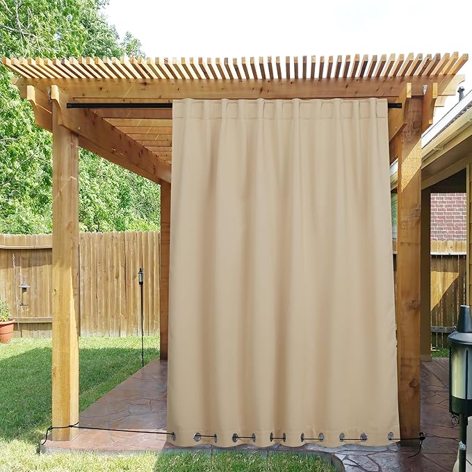 NICETOWN 2 Panels Weighted Outdoor Curtains for Patio Waterproof, Top & Bottom Grommet & Back Tab Fixed Outdoor Curtains Windproof Drapes Thermal Insulated for Pergola, W84 x L95, Beige