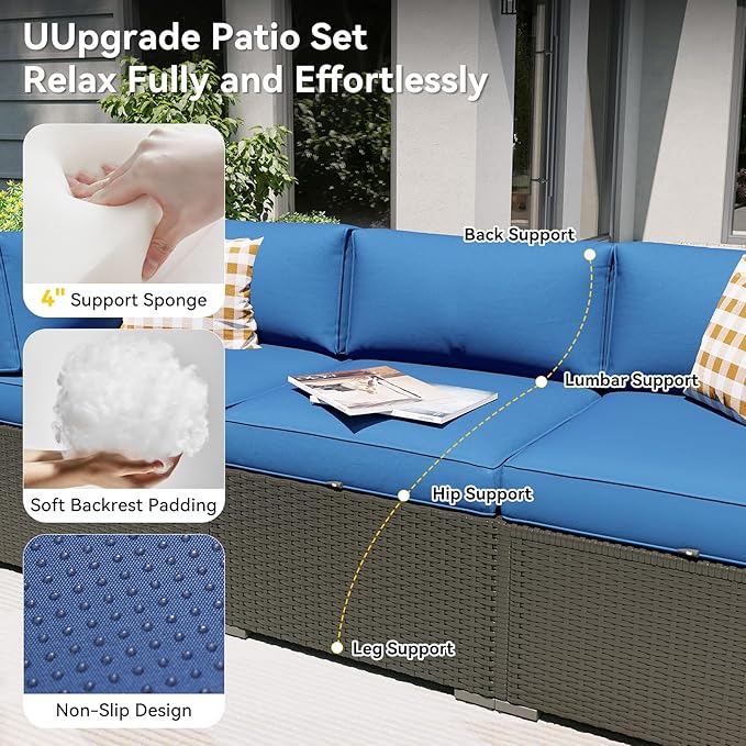 Aoxun Patio Furniture Set, 7 Piece Outdoor Sectional Sofas with Waterproof Cover, Wicker Rattan Outdoor Furniture Patio Conversation Set for Backyard, Garden Navy Blue