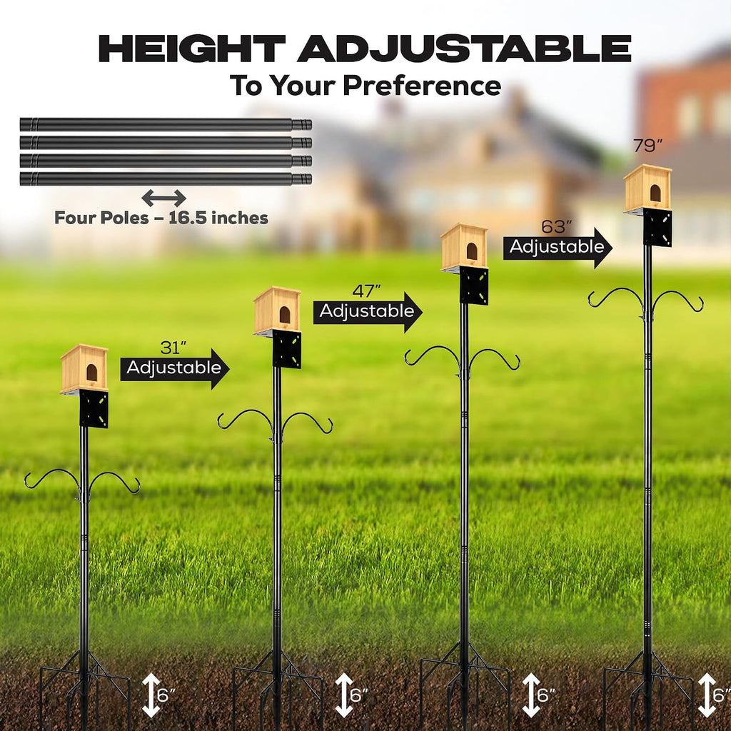 79 Inch Adjustable Bird House Pole | Heavy Duty Bird Feeder Pole for Outdoors | Bird Feeder Stand with Mounting Bracket and Shepherd's Hooks | Mounting Pole for Smart Bird Feeder
