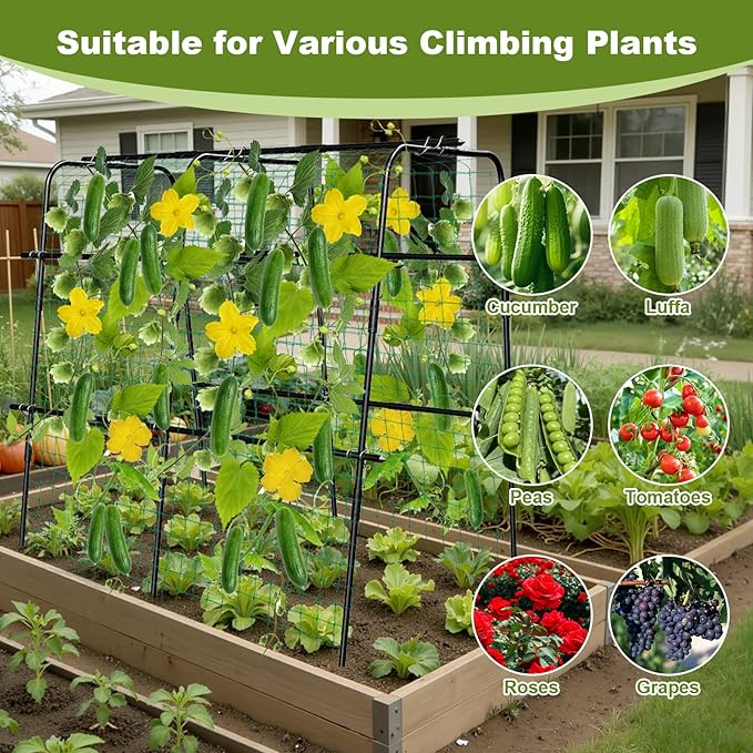 Cucumber Trellis for Raised Bed, 63 Inch A-Frame Garden Trellis for Climbing Plants, Outdoor Vine Trellis with Net, Plant Support for Tomato, Vegetables, Flower (63" L×15.8" W×63" H-Large)