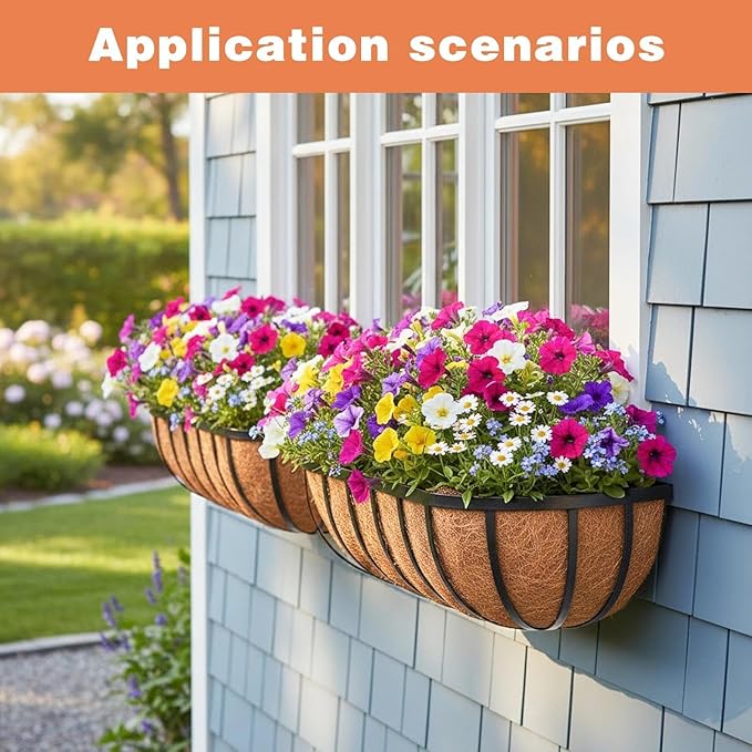 2 Pack 16" Railing Planter Window Box with Coco Fiber Liner Horse Trough Planter The Railing Planter Boxes for Deck Porch Fence Outdoor