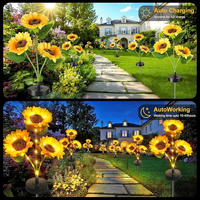 Upgraded Solar Sunflower Lights, 4-Pack Solar Garden Lights with Bigger Round Panel, 40-Hour Runtime for Indoor & Outdoor Decor, Waterproof for Patio Yard Garden