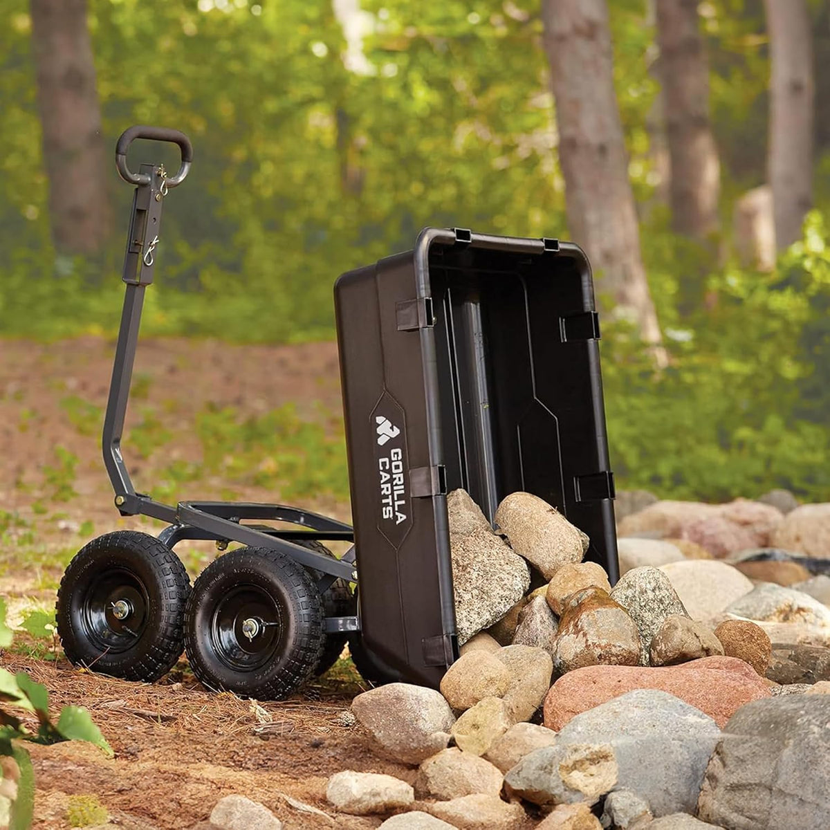 gorilla carts poly dump cart, 1200 lb. capacity, front angle view