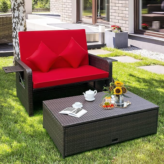 LDAILY Moccha Outdoor Daybed, Wicker Loveseat Sofa Set with 4-Postion Adjustable Backrest, Storage Ottoman, Cushions, Rattan Double Bed Lounger, Patio Furniture Set (Red)