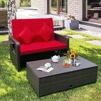 LDAILY Moccha Outdoor Daybed, Wicker Loveseat Sofa Set with 4-Postion Adjustable Backrest, Storage Ottoman, Cushions, Rattan Double Bed Lounger, Patio Furniture Set (Red)