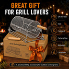 2-in-1 Rolling Grill Basket 304 Stainless Steel Rotatable with Dual Handles | Crank & Straight Grip Handles, Grill Net for Vegetables Shrimp & More, Ideal BBQ Gift for Men, Dad, Husband, Dishwasher Safe