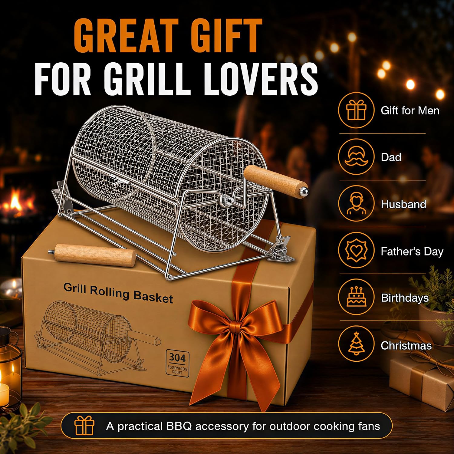 2-in-1 Rolling Grill Basket 304 Stainless Steel Rotatable with Dual Handles | Crank & Straight Grip Handles, Grill Net for Vegetables Shrimp & More, Ideal BBQ Gift for Men, Dad, Husband, Dishwasher Safe
