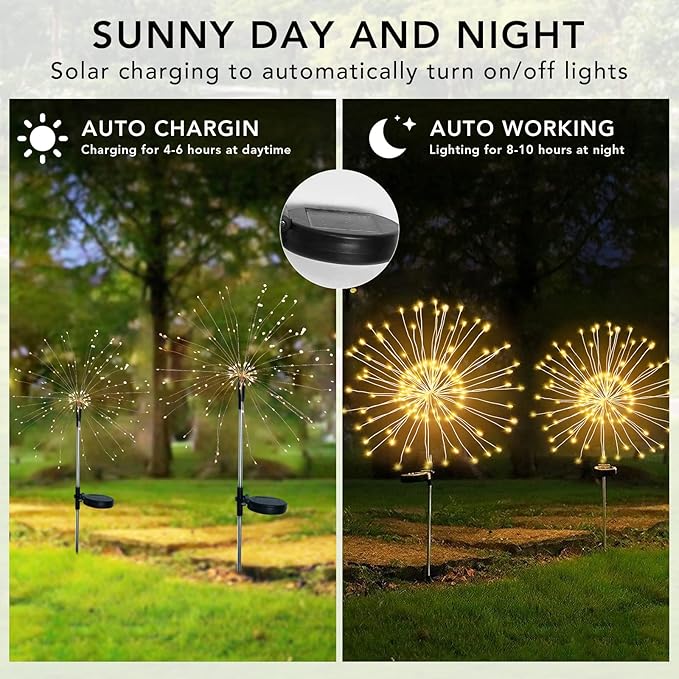 FOOING 8 Pack Solar Garden Lights Solar Firework Lights Waterproof, 200 LED String Light 2 Modes Twinkling Fairy Nightlight for Garden, Wedding, Party, Patio, Yard, Landscape Decoration, (Warm White)