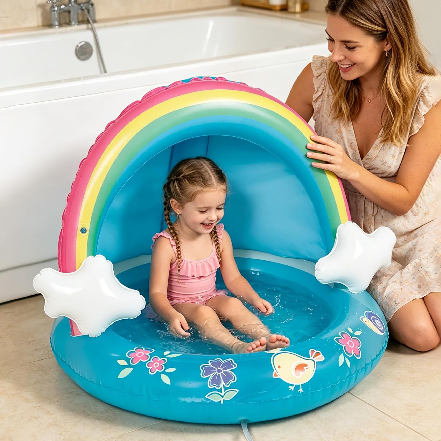 Baby Pool, Rainbow Splash Pool with Canopy, Spray Pool of 40 Inches, Water Sprinkler for Kids, for Ages 1-3
