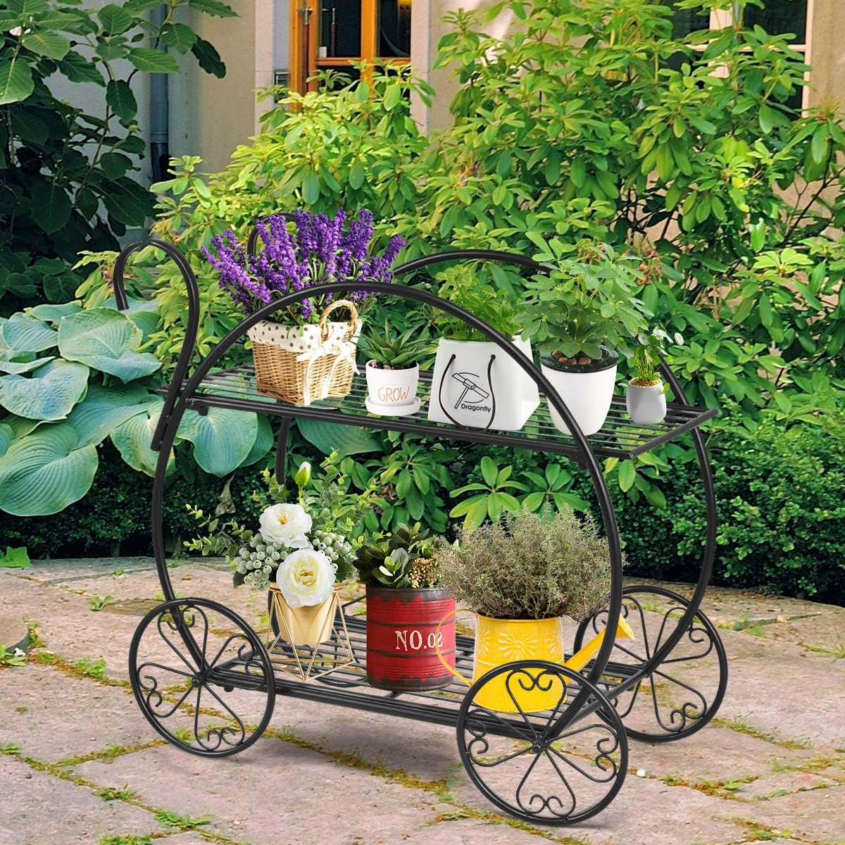 giantex garden cart metal plant stand with 4 shown in use