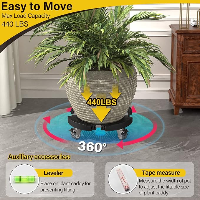 Goovilla Heavy Duty Plant Stand with Wheels, 1Pack Adjustable 15-22 Plant Caddy with Lockable Caster Wheels 440LBS, Rolling Stand/Dolly/Roller for Indoor Outdoor Large Planter, Flower Pot,Black