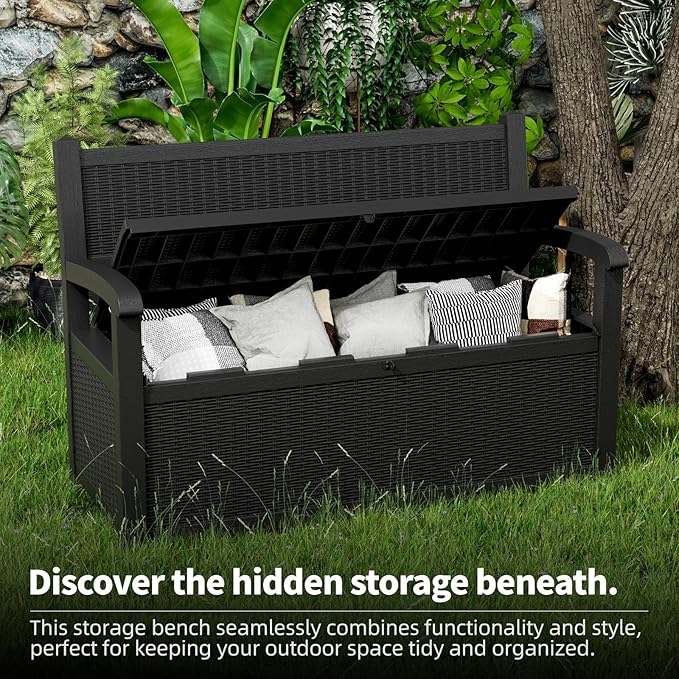 EasyUp 80 Gallon Outdoor Storage Bench Lockable Deck Box Outdoor Storage Box Waterproof for Patio,Garden,and Porch – Perfect for Storing Garden Tools and Cushions(Black)