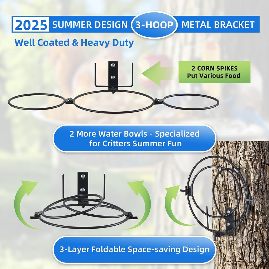 3-Hoop Squirrel/Bird Feeder, 2025 Cute Metal Bowl Outside Tree Mounted,1 x 8.5in Drainage Bowl+2 Corn Cob Spikes for Dry Food,2 x 5in Solid Bowls for Wet Food/Water, Perfect Squirrel Feeders for Yard