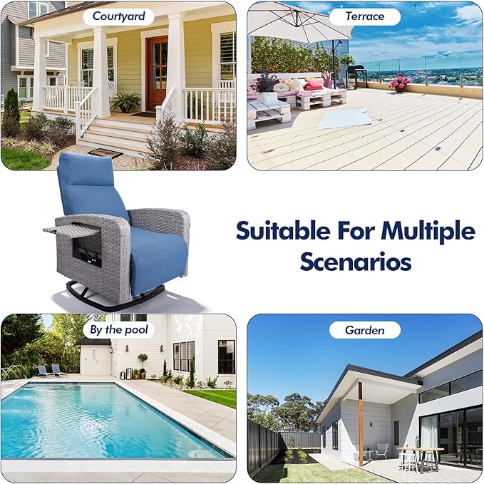 Outdoor Recliner Chair Set of 2, Wicker Patio Recliners with Adjustable Backrest and Extended Foot Rest, Reclining Patio Chairs with Flip Table & Removable Cushion Cover for Porch