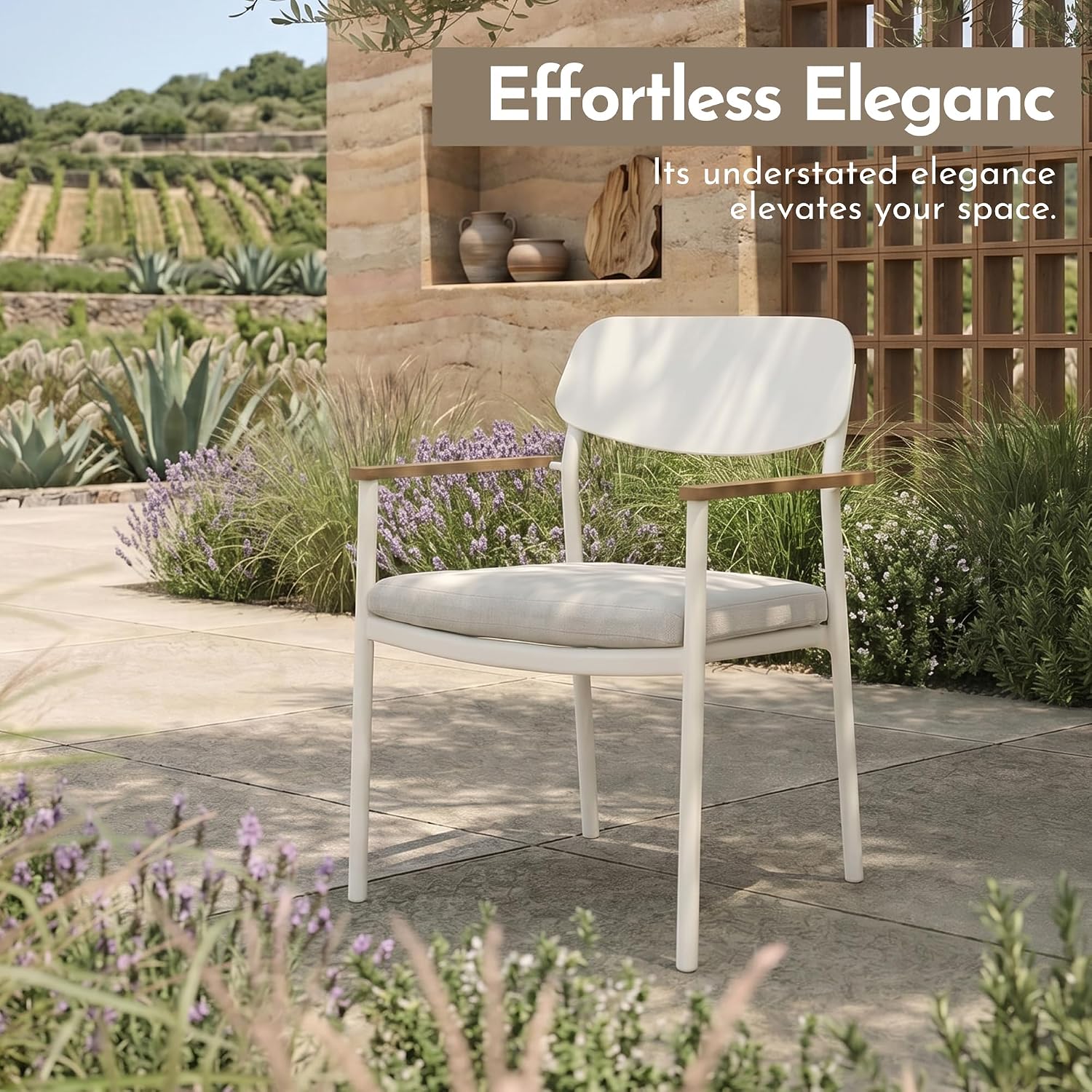 Modern Shade Luxury Outdoor Dining Chairs Set of 2, Fade Resistant, All-Aluminum Outdoor Chairs with FSC Teak Wood Armrests, Weather-Resistant Patio Chair with Quick Dry Cushion, White