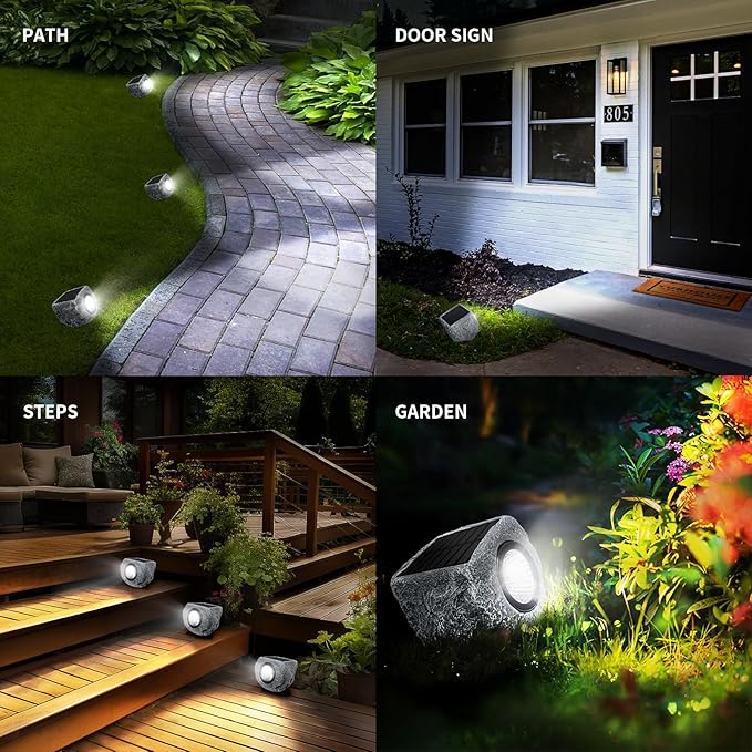 Solar Rock Lights Outdoor 4 Pack, Bright Solar Spotlights Outdoor Waterproof, Wireless LED Rock Lights, Auto On/Off Landscape Spotlights Walkway Solar Lights for Outside Yard Patio Pathway Flowerbed