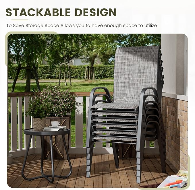 UDPATIO Patio Chairs Set of 6, Stackable Outdoor Dining Chairs for All Weather, Outdoor Furniture with Breathable Textilene Fabric, 350LBS Capacity, for Garden, Backyard, Deck (Light Grey)