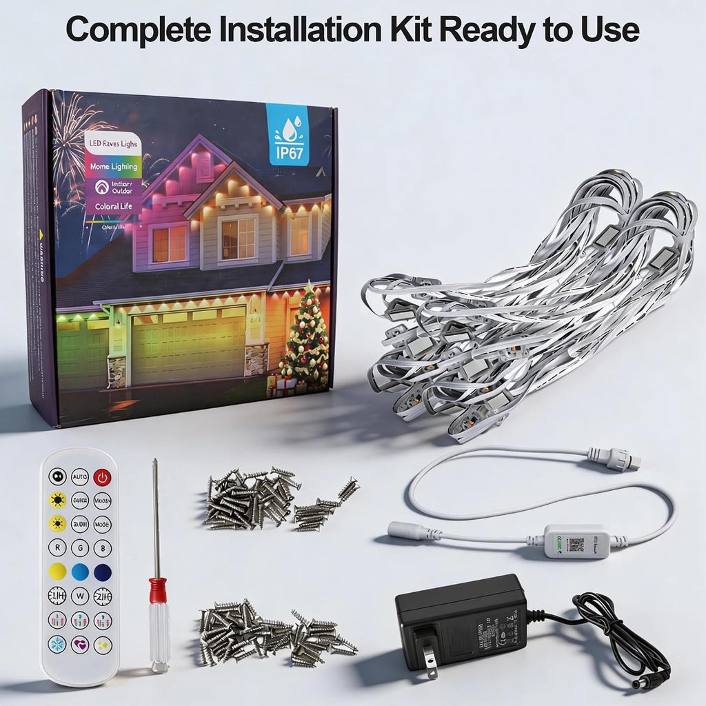 100FT Smart Permanent Outdoor Lights Eaves String | IP67 waterproof, APP & remote control, LED roofline lighting for Christmas and daily decor