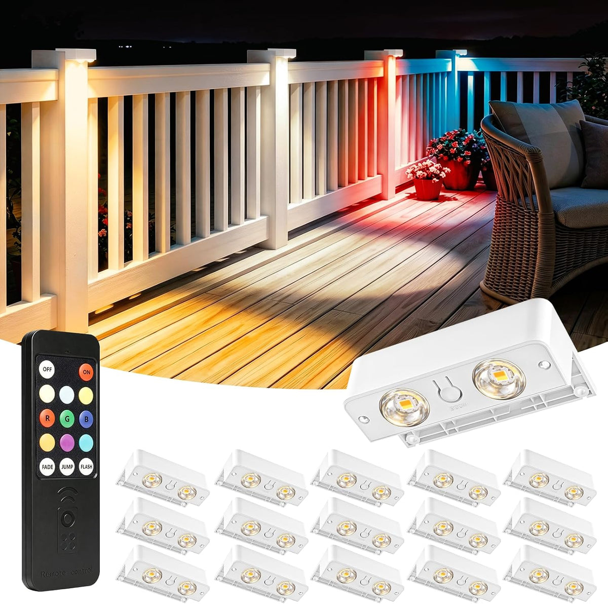 bridika solar deck lights with remote, 16 pack, main product view