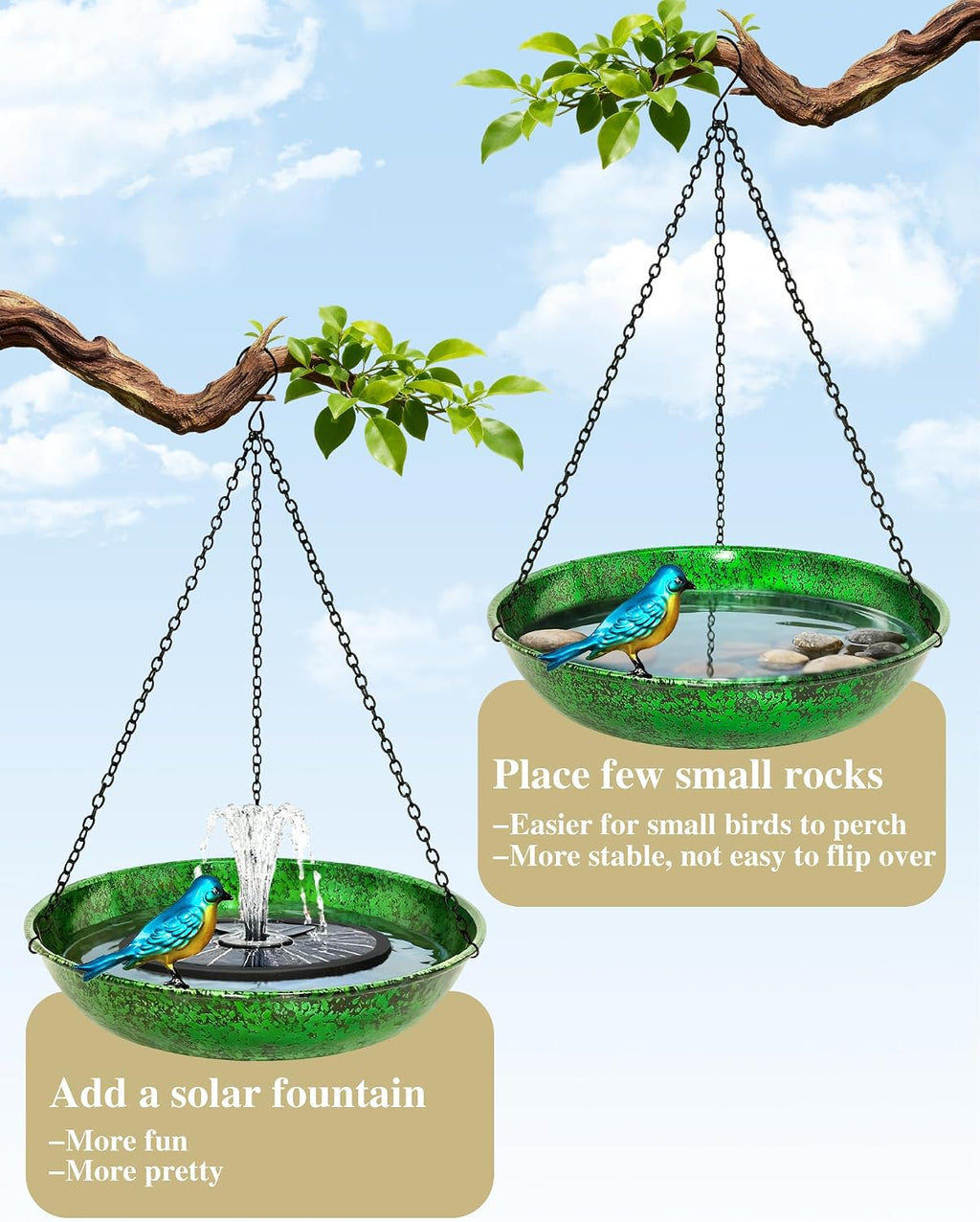 Hanging Bird Bath for Outside, 11” Metallic Green & Blue Metal Birdbath Bowl & Feeder with Black Chain Outdoor Garden Yard Decor (0.5 Gallon)