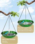 Hanging Bird Bath for Outside, 11” Metallic Green & Blue Metal Birdbath Bowl & Feeder with Black Chain Outdoor Garden Yard Decor (0.5 Gallon)
