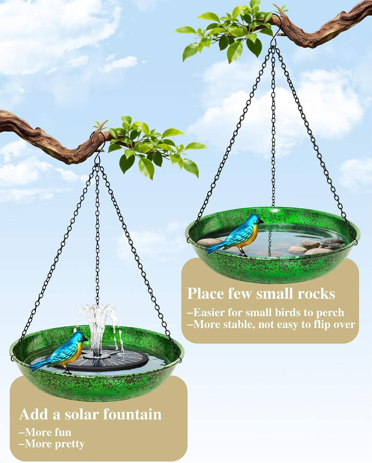 Hanging Bird Bath for Outside, 11” Metallic Green & Blue Metal Birdbath Bowl & Feeder with Black Chain Outdoor Garden Yard Decor (0.5 Gallon)