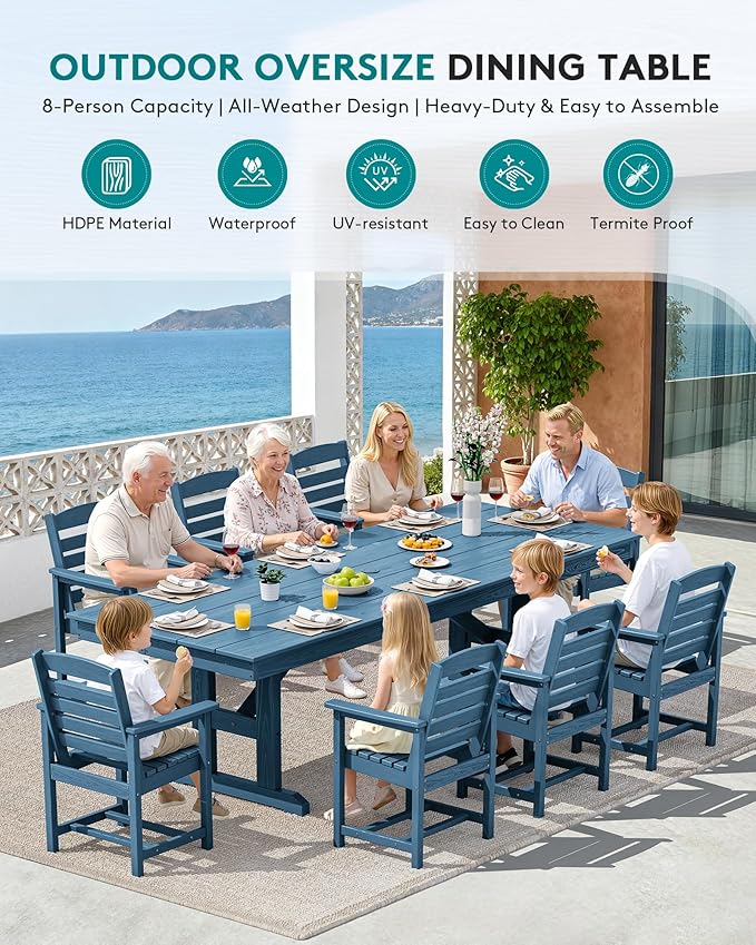 SERWALL Outdoor Dining Chairs Set of 4, All-Weather HDPE Patio Chair with 19.7" Widened Seat, for Backyard, Garden, Blue