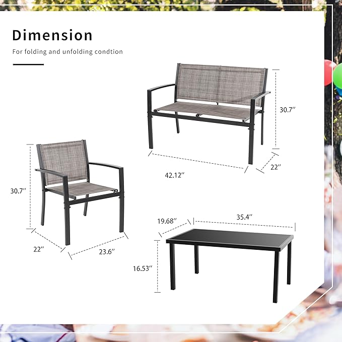 Shintenchi 4 Pieces Patio Furniture Set All Weather Textile Fabric Outdoor Conversation Set, with Glass Coffee Table, Loveseat, 2 Single Chairs for Home, Garden, Lawn, Porch（Light Brown）