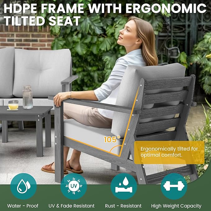 6-Piece HDPE Patio Furniture Set, Outdoor Sectional Sofa Set,All Weather Outdoor Couch with Dust-Free Cushions, Durable Patio Conversation Sets for Balcony, Porch, Gray