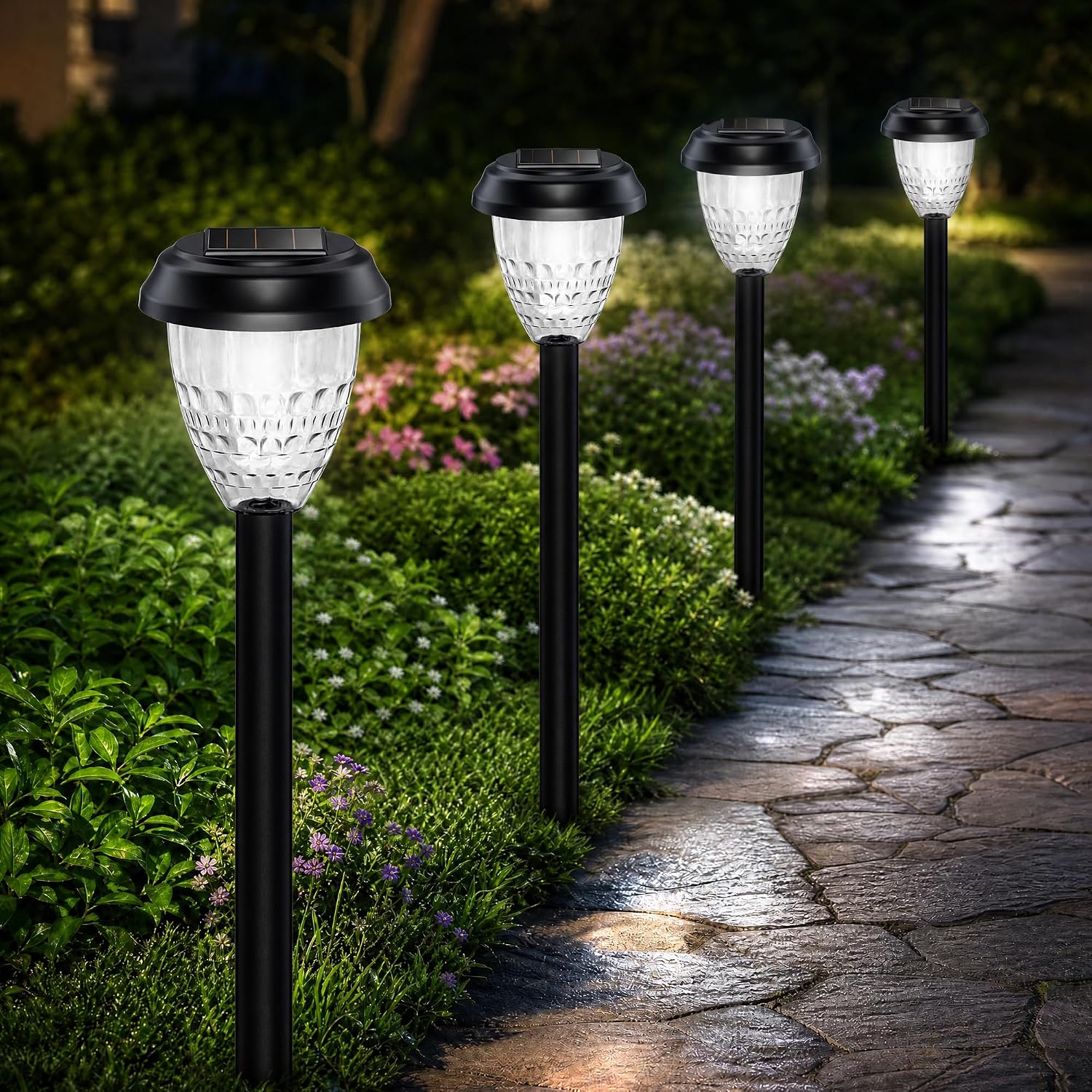 Super Bright Solar Lights Outdoor Waterproof-4 Pack, Dusk to Dawn Up to 12 Hrs Solar Garden Lights Outdoor Pathway Auto On/Off, LED Landscape Decorative Lighting for Walkway Patio Yard Outside
